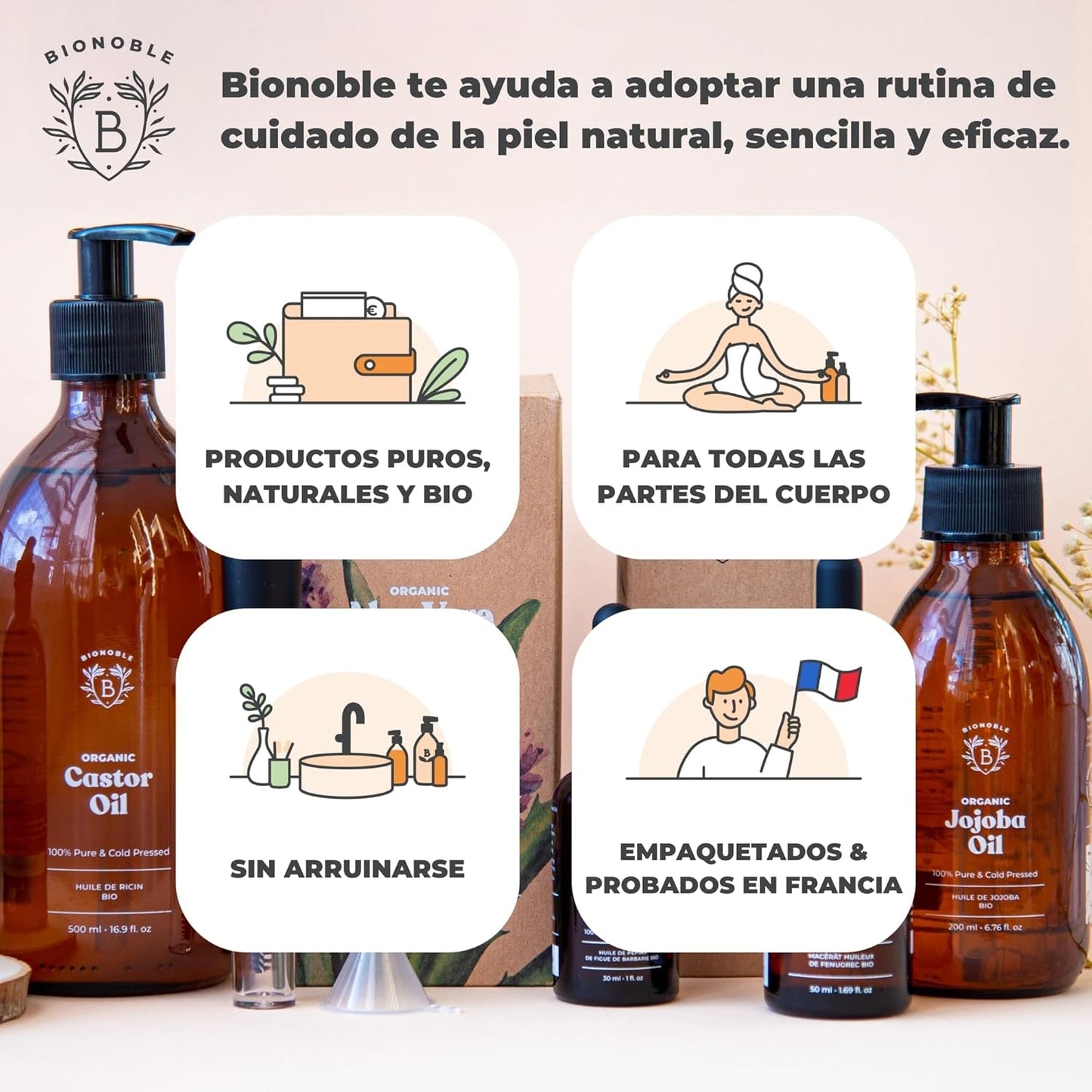 BIONOBLE | Aceite De Jojoba 100 Puro Y Natural, Orgánico, Prensado En Frío - Equilibra El Sebo, anti Imperfecciones - Aceite Pelo, Piel, Uñas - Organic Jojoba Oil - Botella Vidrio, Bomba, Pipeta - 100Ml