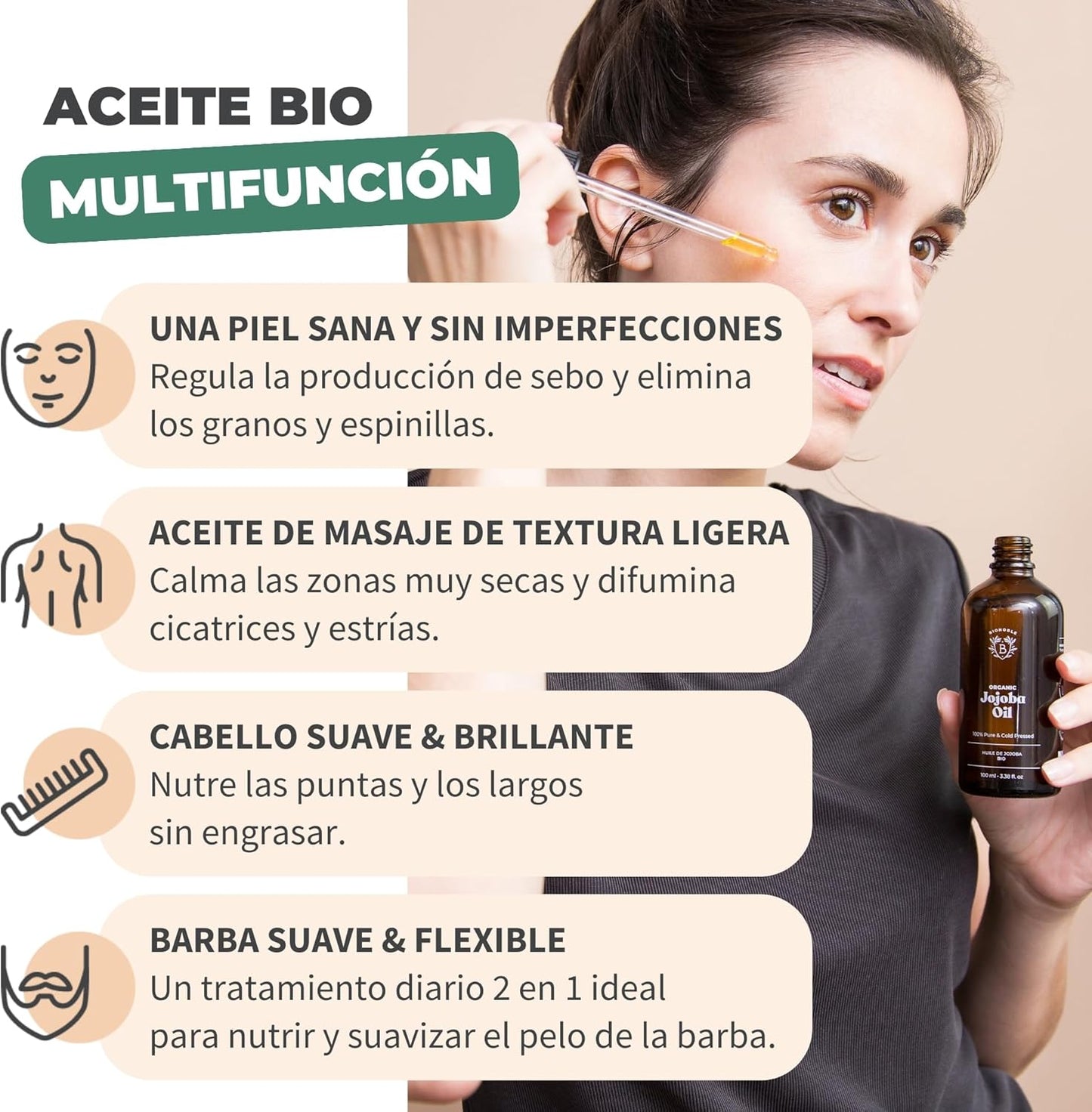 BIONOBLE | Aceite De Jojoba 100 Puro Y Natural, Orgánico, Prensado En Frío - Equilibra El Sebo, anti Imperfecciones - Aceite Pelo, Piel, Uñas - Organic Jojoba Oil - Botella Vidrio, Bomba, Pipeta - 100Ml