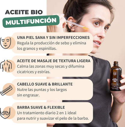 BIONOBLE | Aceite De Jojoba 100 Puro Y Natural, Orgánico, Prensado En Frío - Equilibra El Sebo, anti Imperfecciones - Aceite Pelo, Piel, Uñas - Organic Jojoba Oil - Botella Vidrio, Bomba, Pipeta - 100Ml