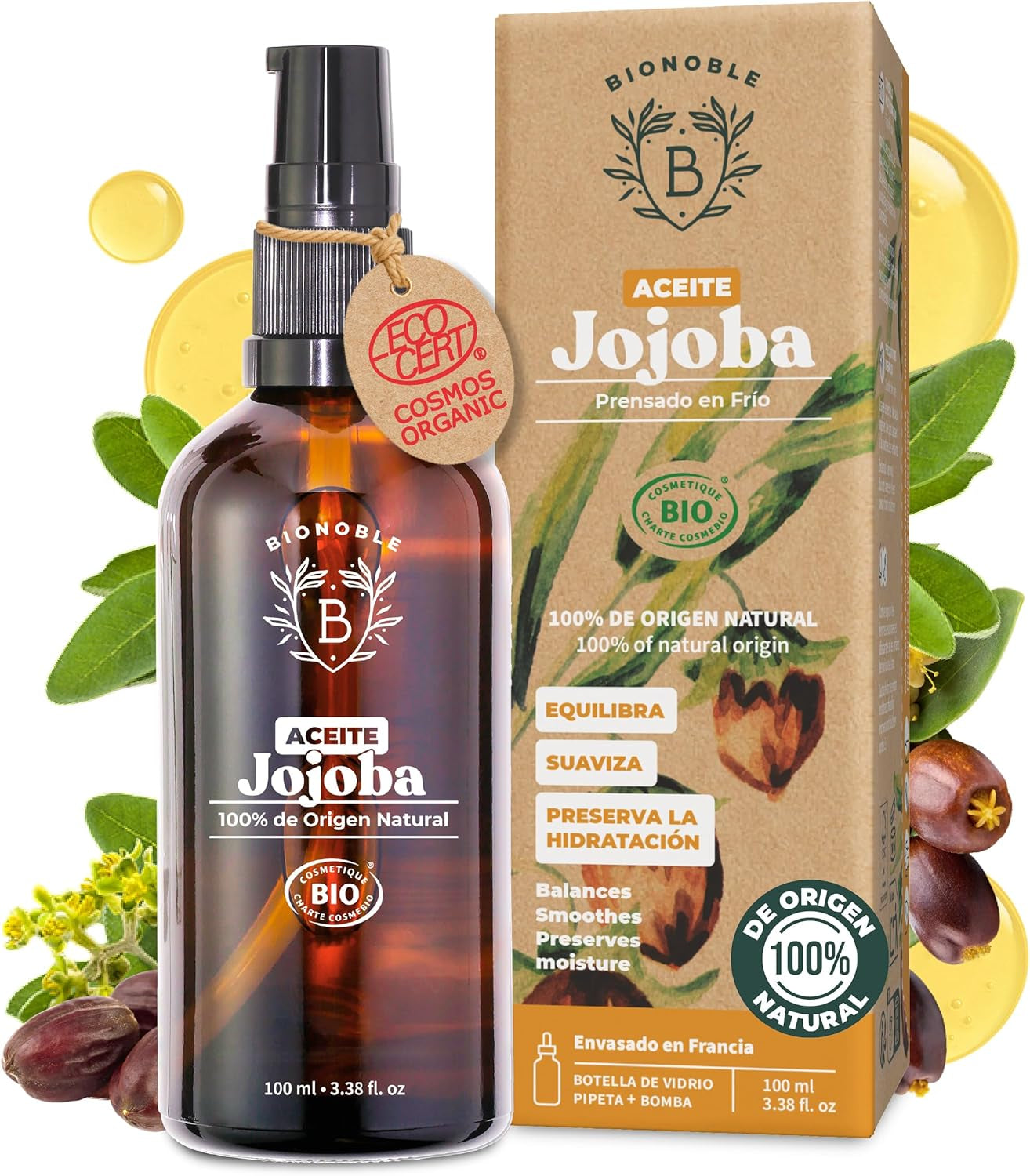 BIONOBLE | Aceite De Jojoba 100 Puro Y Natural, Orgánico, Prensado En Frío - Equilibra El Sebo, anti Imperfecciones - Aceite Pelo, Piel, Uñas - Organic Jojoba Oil - Botella Vidrio, Bomba, Pipeta - 100Ml