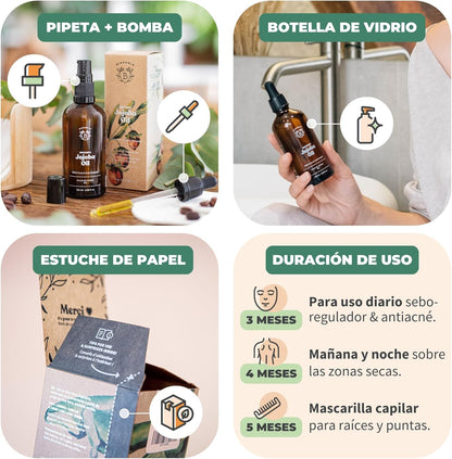 BIONOBLE | Aceite De Jojoba 100 Puro Y Natural, Orgánico, Prensado En Frío - Equilibra El Sebo, anti Imperfecciones - Aceite Pelo, Piel, Uñas - Organic Jojoba Oil - Botella Vidrio, Bomba, Pipeta - 100Ml