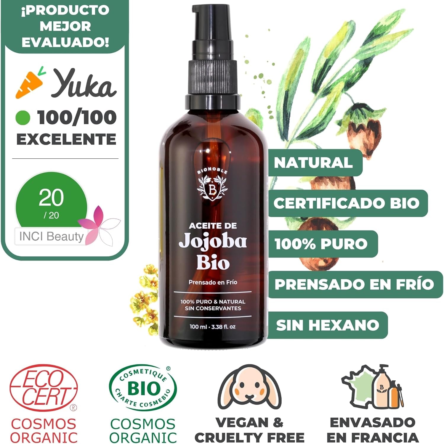 BIONOBLE | Aceite De Jojoba 100 Puro Y Natural, Orgánico, Prensado En Frío - Equilibra El Sebo, anti Imperfecciones - Aceite Pelo, Piel, Uñas - Organic Jojoba Oil - Botella Vidrio, Bomba, Pipeta - 100Ml