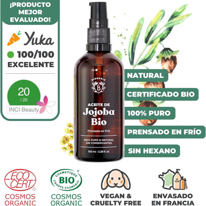 BIONOBLE | Aceite De Jojoba 100 Puro Y Natural, Orgánico, Prensado En Frío - Equilibra El Sebo, anti Imperfecciones - Aceite Pelo, Piel, Uñas - Organic Jojoba Oil - Botella Vidrio, Bomba, Pipeta - 100Ml